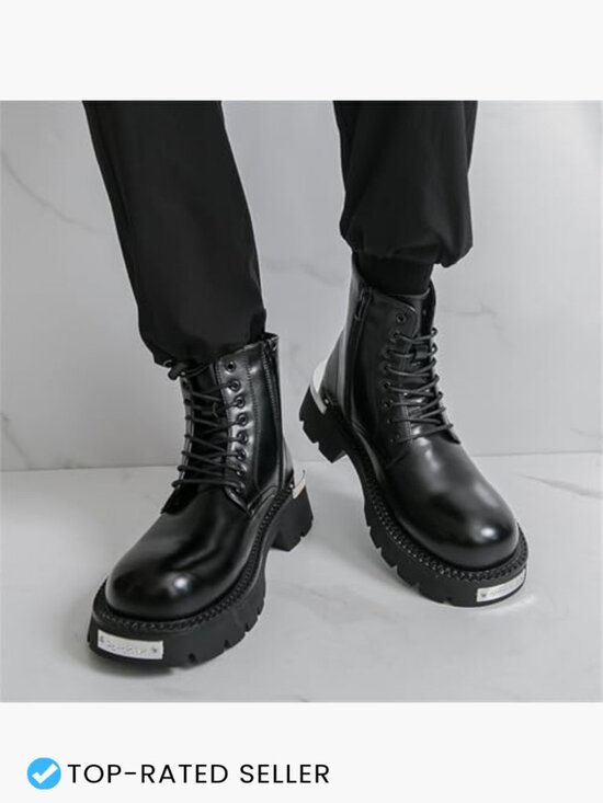 Men\'s Genuine Leather Lace Up Combat Boots with Side Zipper Chunky Lug Sole